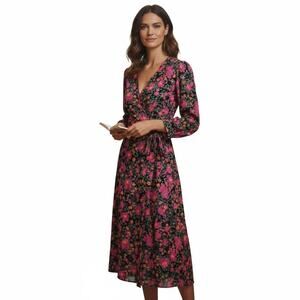 Topshop 12 Black Pink Floral Wrap Midi Dress Long Sleeve Elegant Boho Style